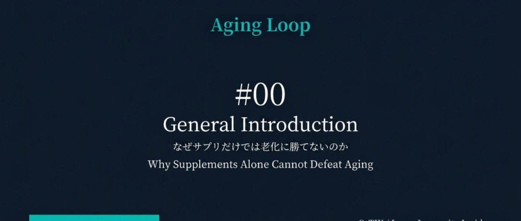 Slide titled Aging Loop with #00 General Introduction and the subtitle 'Why Supplements Alone Cannot Defeat Aging' on a dark blue gradient background.