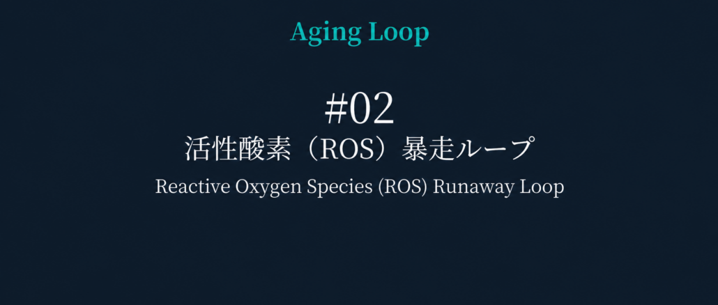 Slide title: Aging Loop, #02 Reactive Oxygen Species (ROS) Runaway Loop with Japanese subtitle and English translation, on a dark gradient background. Bottom-left turquoise bar, bottom-right text credit: CyTIX / Japan Longevity Insider.