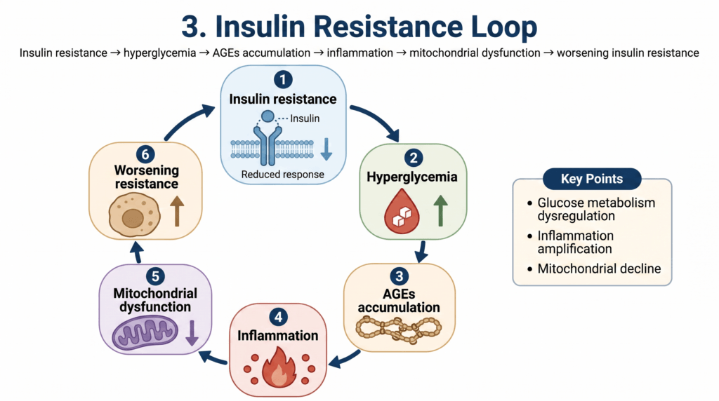 Diagram of the insulin resistance loop with six numbered steps showing progression from insulin resistance to hyperglycemia and back, including inflammation and mitochondrial dysfunction (informative).