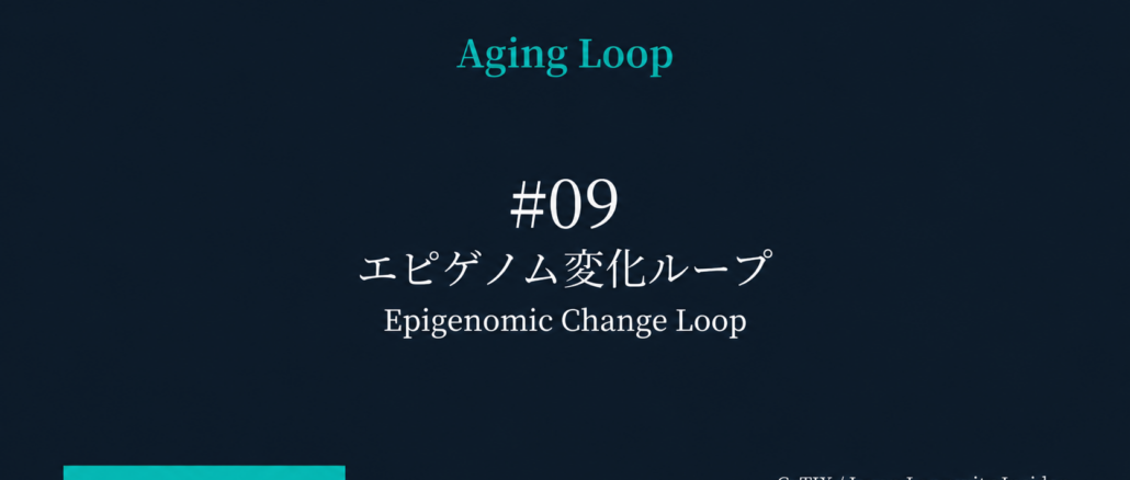 Slide cover titled 'Aging Loop' in teal, displaying '#09' and the Japanese title エピゲノム変化ループ with the English subtitle Epigenomic Change Loop on a dark blue gradient; turquoise bar bottom left and CyTIX / Japan Longevity Insider watermark bottom right.