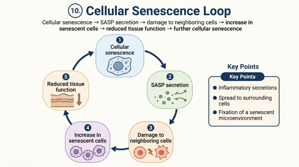 Cycle diagram showing cellular senescence loop: senescent cell, SASP secretion, damage to neighboring cells, increase in senescent cells, reduced tissue function (Key Points on the side).