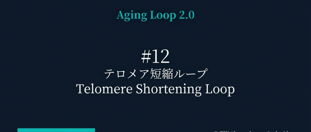 Telomere Shortening Loop' on a dark blue gradient background; teal bar at lower left and 'CyTIX / Japan Longevity Insider' credit at bottom right.