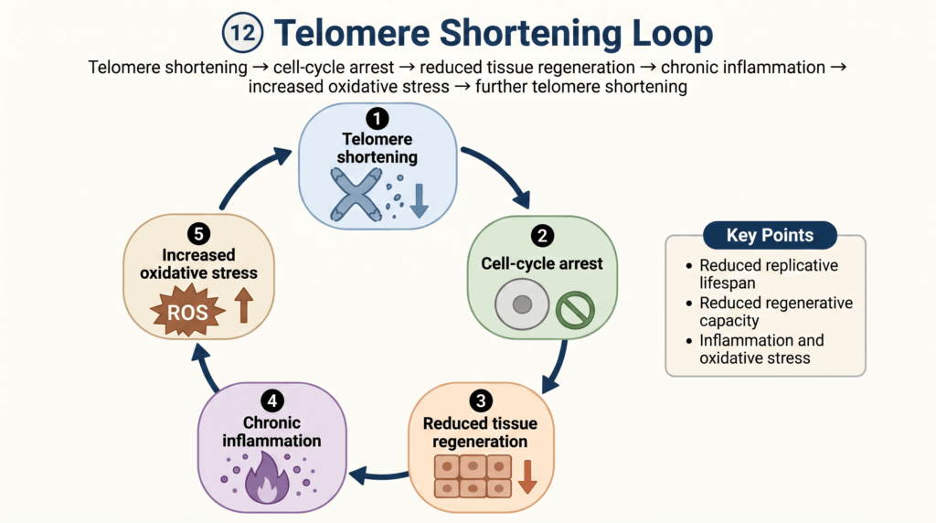 Diagram of the telomere shortening loop: shortening → cell-cycle arrest → reduced tissue regeneration → inflammation and oxidative stress, plus a Key Points box.