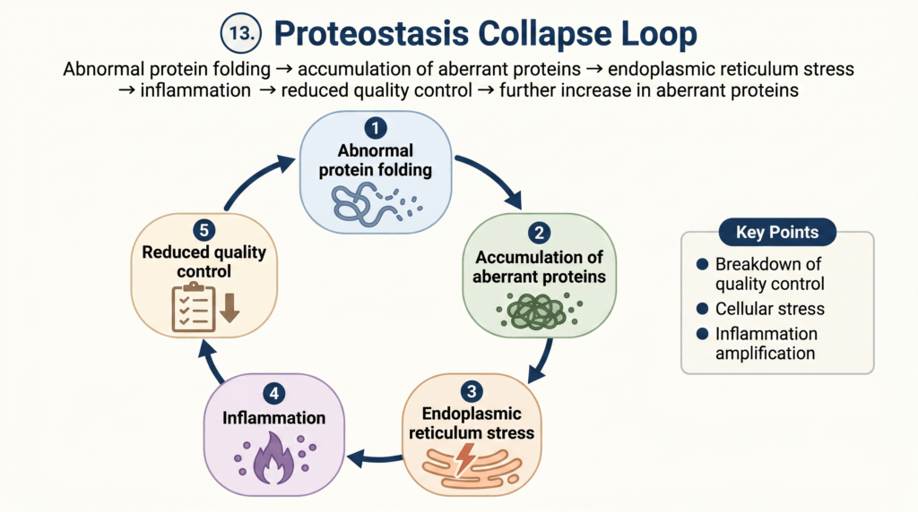 Infographic of the proteostasis collapse loop showing steps: abnormal protein folding, accumulation of aberrant proteins, ER stress, inflammation, reduced quality control, looping back to folding (cycle).