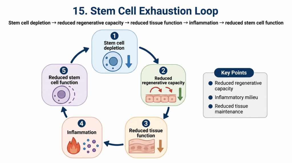 Infographic showing the Stem Cell Exhaustion Loop: depletion leads to reduced capacity, reduced tissue function, inflammation, and back to more depletion.