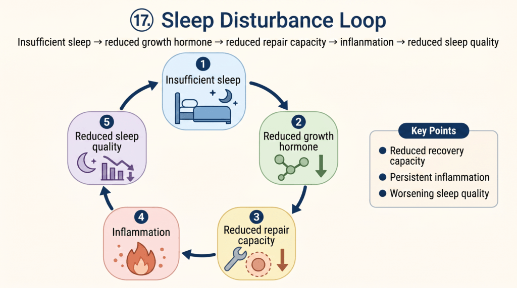 Infographic of the Sleep Disturbance Loop showing five steps: 1 Insufficient sleep, 2 Reduced growth hormone, 3 Reduced repair capacity, 4 Inflammation, 5 Reduced sleep quality, with arrows forming a loop and a Key Points box on the right.