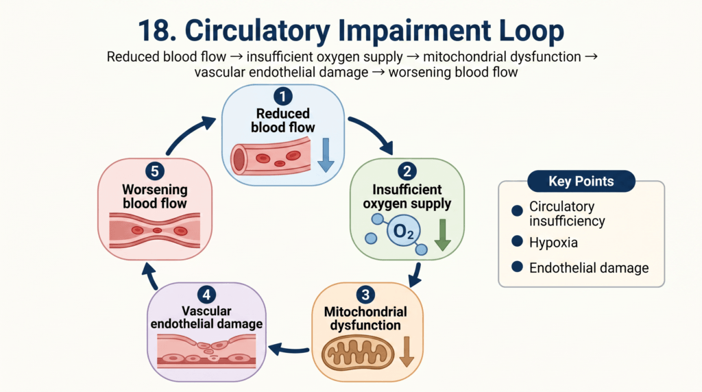 Diagram of Circulatory Impairment Loop: reduced blood flow leading to insufficient oxygen, mitochondrial dysfunction, endothelial damage, and worsening flow (step 1–5).