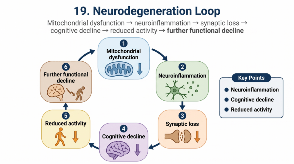 Diagram of a neurodegeneration loop: mitochondrial dysfunction → neuroinflammation → synaptic loss → cognitive decline → reduced activity → further functional decline, with a key points box on the side.