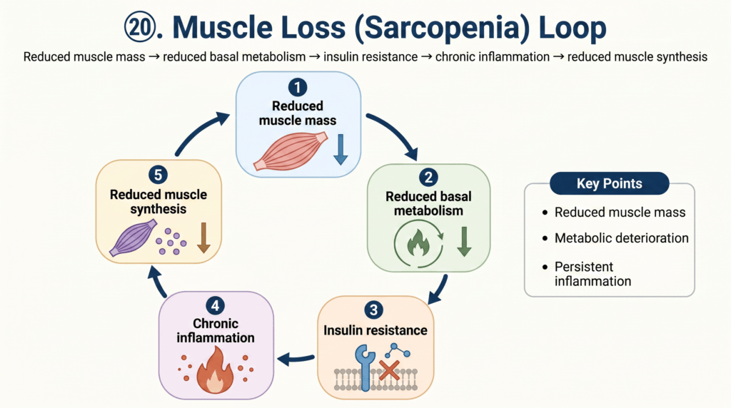 Cycle diagram of sarcopenia: reduced muscle mass leading to lower basal metabolism, insulin resistance, chronic inflammation, and reduced muscle synthesis, looping back to further loss.